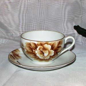 1940's Teacup Occupied Japan Hand Painted Cup & Saucer Brown Rose Vintage Boho